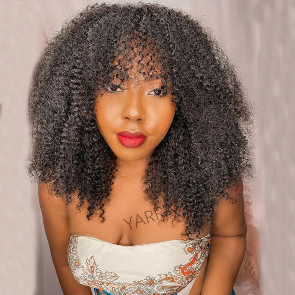 180 250 Density Afro Kinky Curly Human Hair Wigs With Bang For Black Women Brazilian 100% Human Hair Remy Full Machine Made Hair
