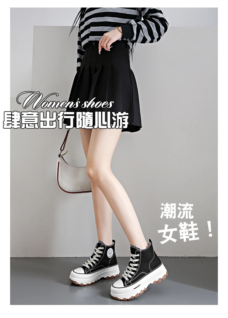 2026Women Canvas Shoes High Top Women's Vulcanize Shoes Lace-Up Casual Ladies Sneakers Plarform Non-slip Round Head Female Shoes