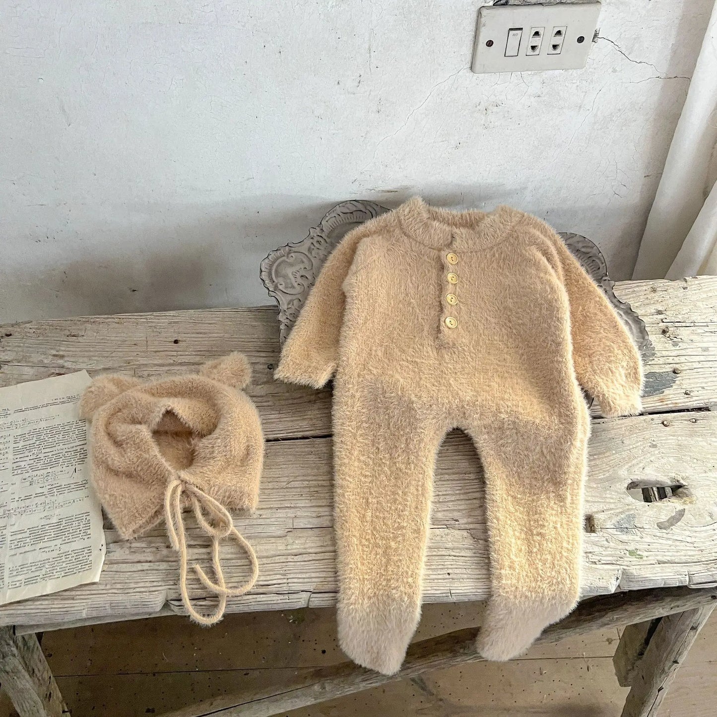Baby Outfit Newborn Photography Props Mohair Knitted Bear Rompers Footed Jumpsuit Hat 2pcs/Sets Photography Clothing Accessories