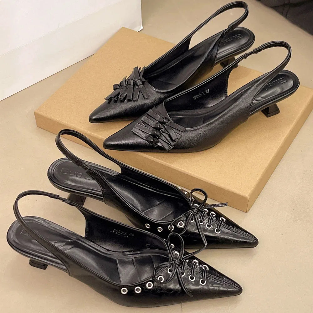 2025 Size 42 Vintage y2k Flowers Black Pointy Toe Slingback Pumps Cross-strap Summer 5cm Kitten Heels White Lady Shoes Women