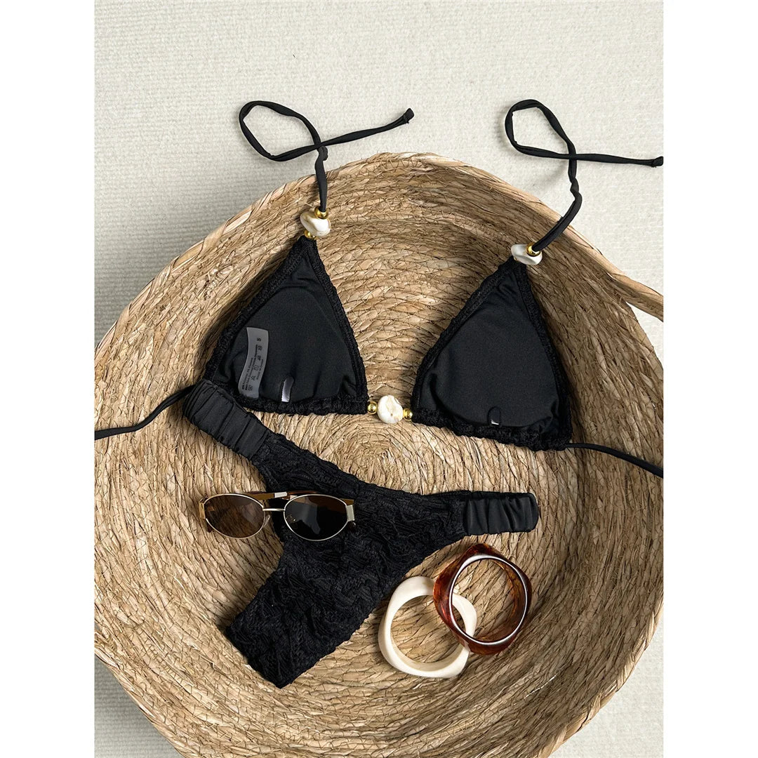 2026 Wrinkled Crinkled Halter Bikini Women Swimwear Female Swimsuit Two-Pieces Bikini Set Padded Bather Bathing Suit Swim V8135