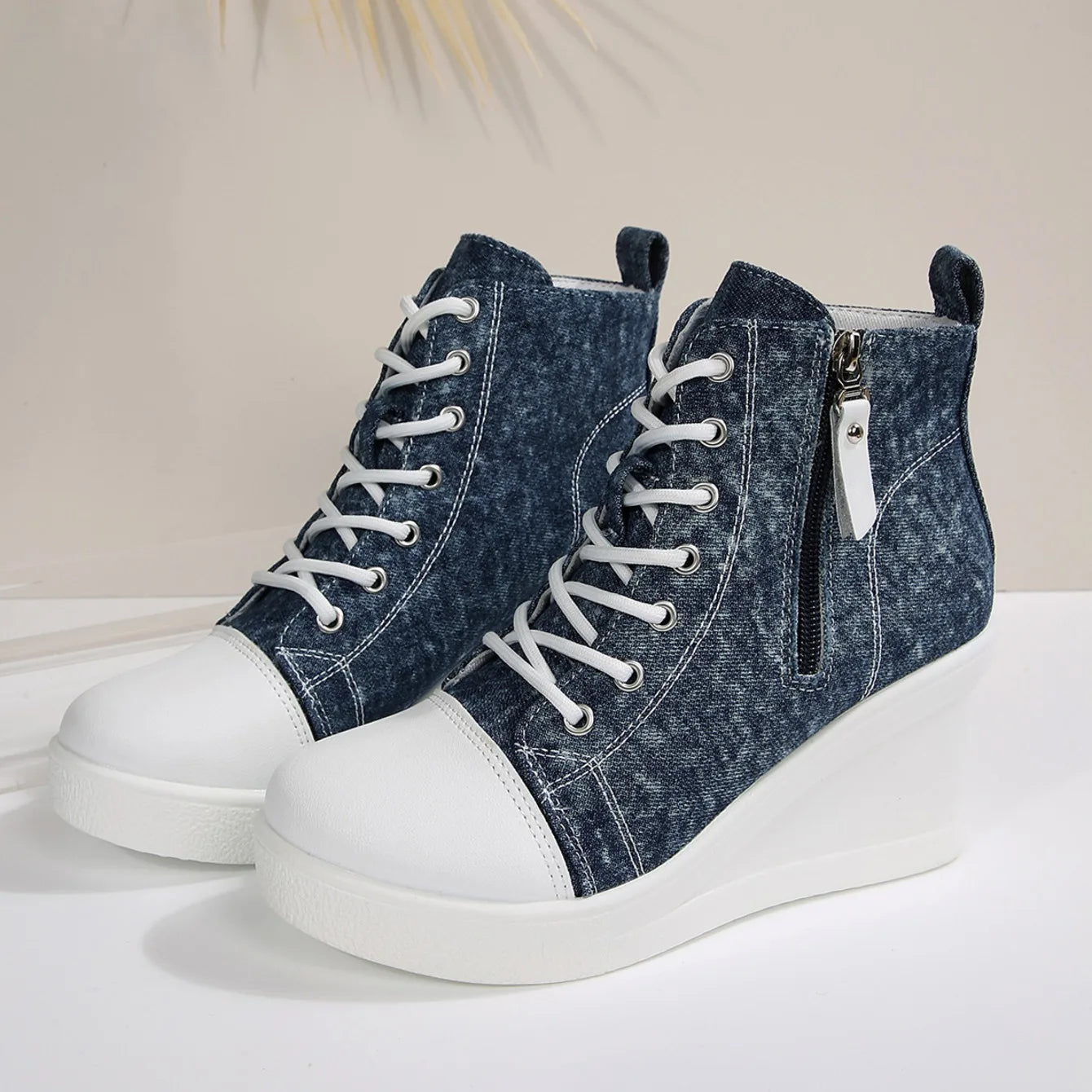 2025 New Women High Top Wedge Sneakers Blue Camouflage Shoes Woman Fashion Lightweight Lace Up Platform Ankle Sneakers Women