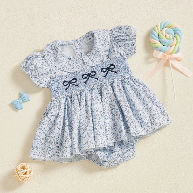 Baby Girls Summer Romper Dress Short Sleeve Bow Embroidery Floral Print Sweet Romper Baby Clothing