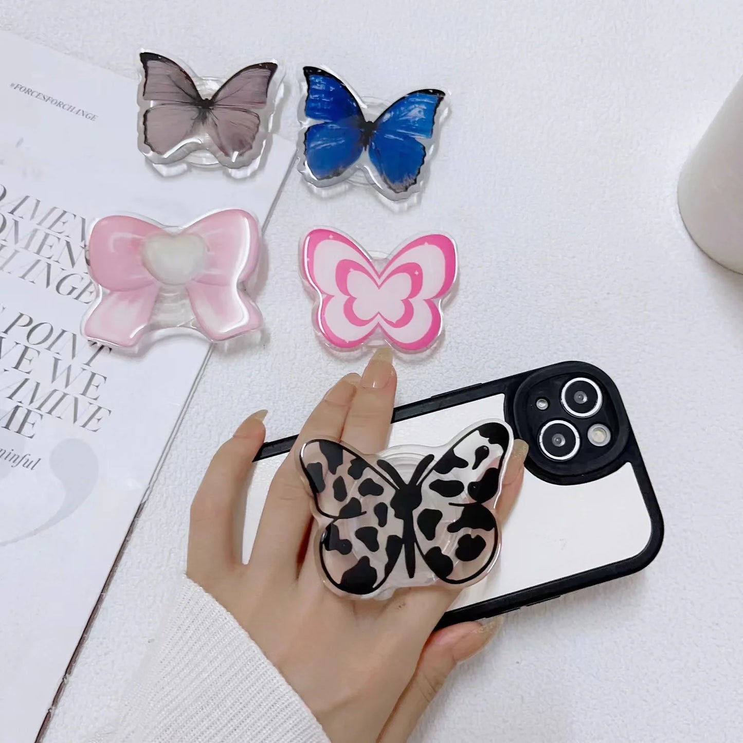 Cute Butterfly Phone Grip Tok Griptok  Holder Ring For iPhone 16 Universal Accessories Lovely Bowknot Phone Stand Bracket Socket