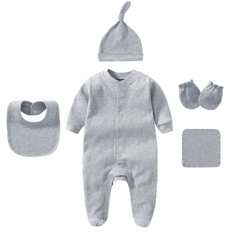 Unisex Baby Clothing Set with Jumpsuit Hat Bib Gloves Towel 5-Piece Solid Color Cotton Collection for Newborns to 6 Months