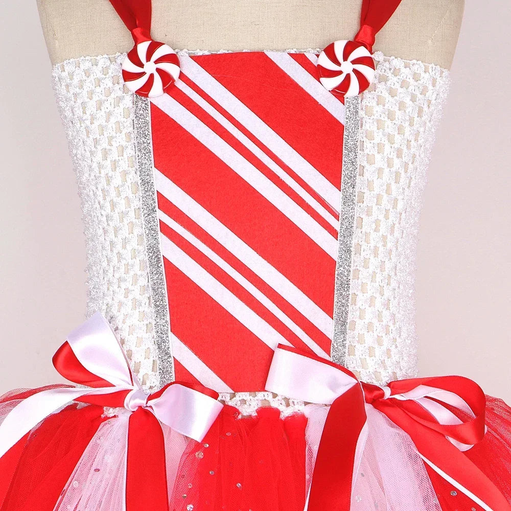 Sparkly Christmas Candy Costumes for Girls White Red Xmas Party Dresses with Bow Socks Kids New Year Tutu Outfit Holiday Clothes