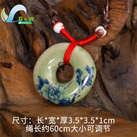 Handmade Ceramic Peony Flower Pendant Vintage Bohemian Ethnic Necklace for Women Floral Jewelry Gift Fashion Accessory Bohemian