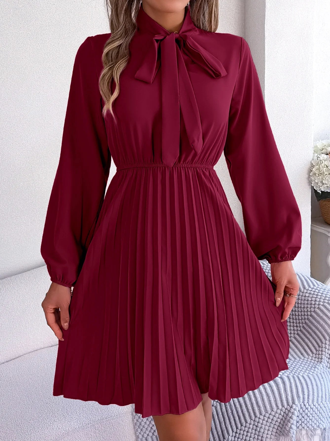 Women Fall Vacation Elegance V Neck Solid Tie Waist Ruffle Hem Pleated Midi Dress Long Sleeve Wedding Dress