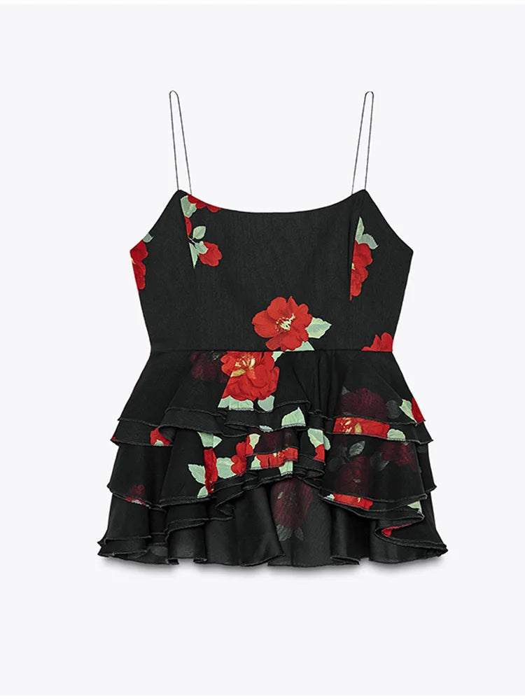 Printed Layered Pleated Top Half Skirt Women Set Sleeveless Slim Top Straight Tube Fishtail Skirts Summer Beach Vacation Suit
