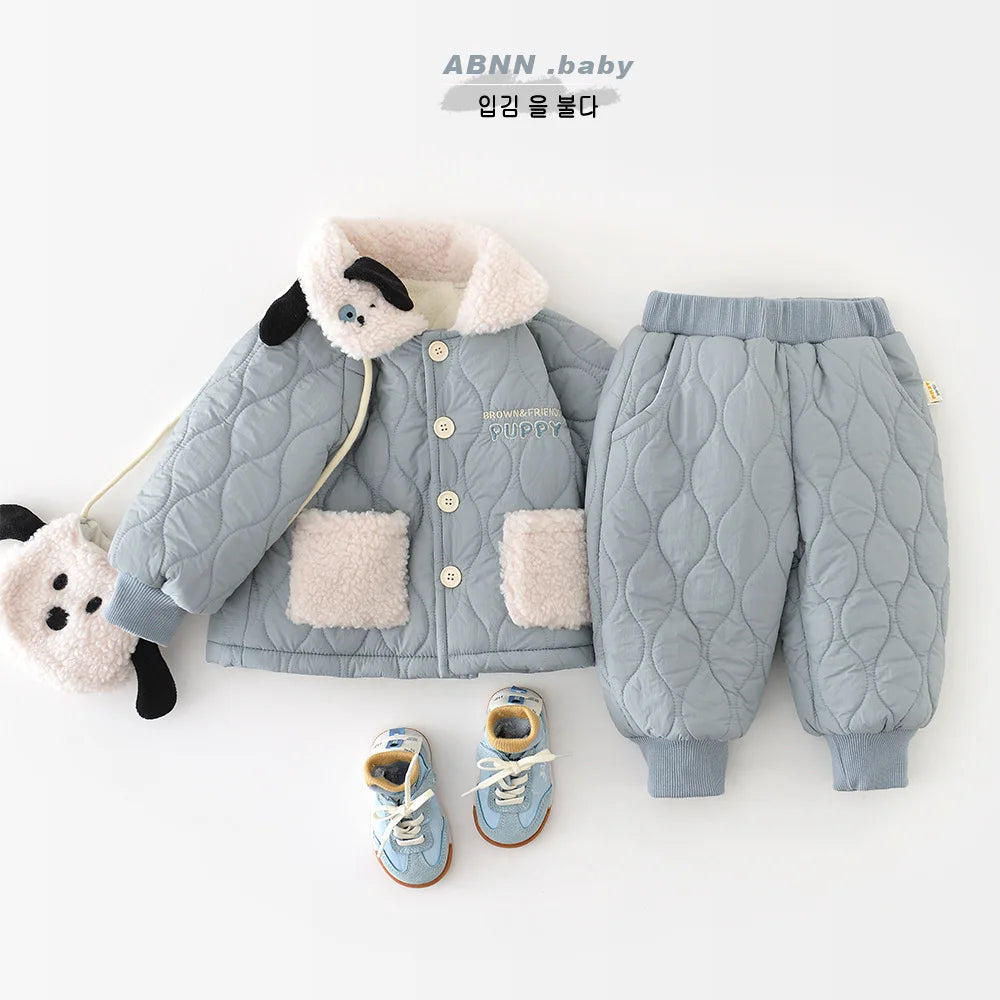 2025 Winter New Baby Warm Clothes Set Boys Girls Cute Lapel Padded Jacket + Pants 2pcs Suit Plus Velvet Thick Infant Outfits