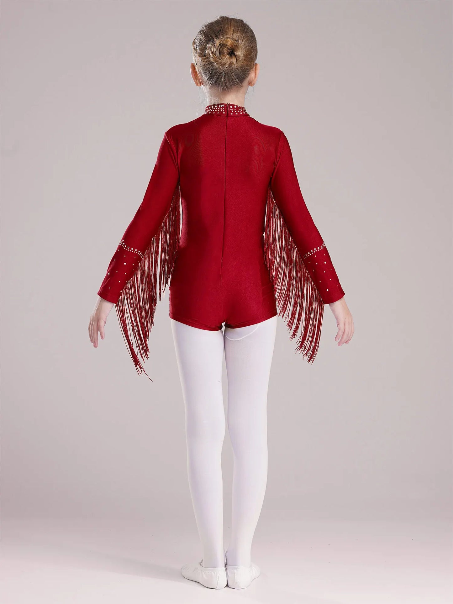 Girls Leotards Jumpsuit for Jazz Latin Skating Competition Costume Tassels Long Sleeve Rhinestones Bodysuit Modern Dancewear