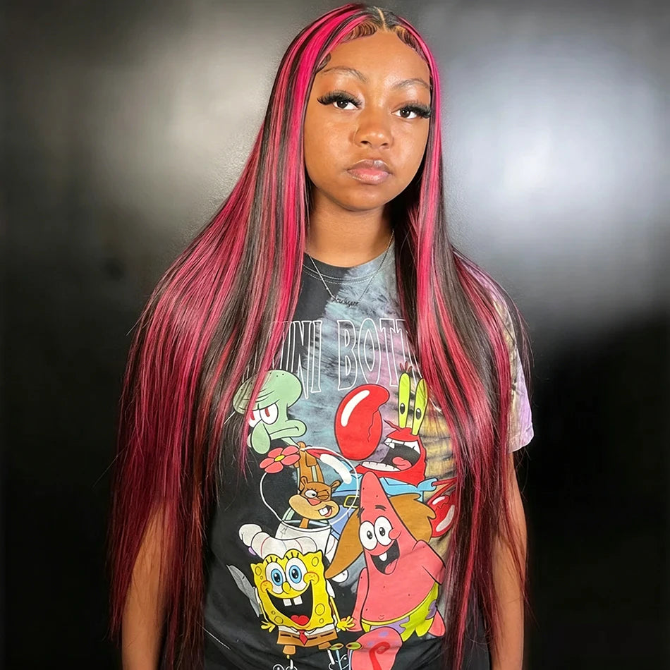 Pink Highlight Colored Human Hair Wigs Woman 13x4 Transparent Lace Front Wig On Clearance Sale Lace Frontal Wig Glueless HD Wigs