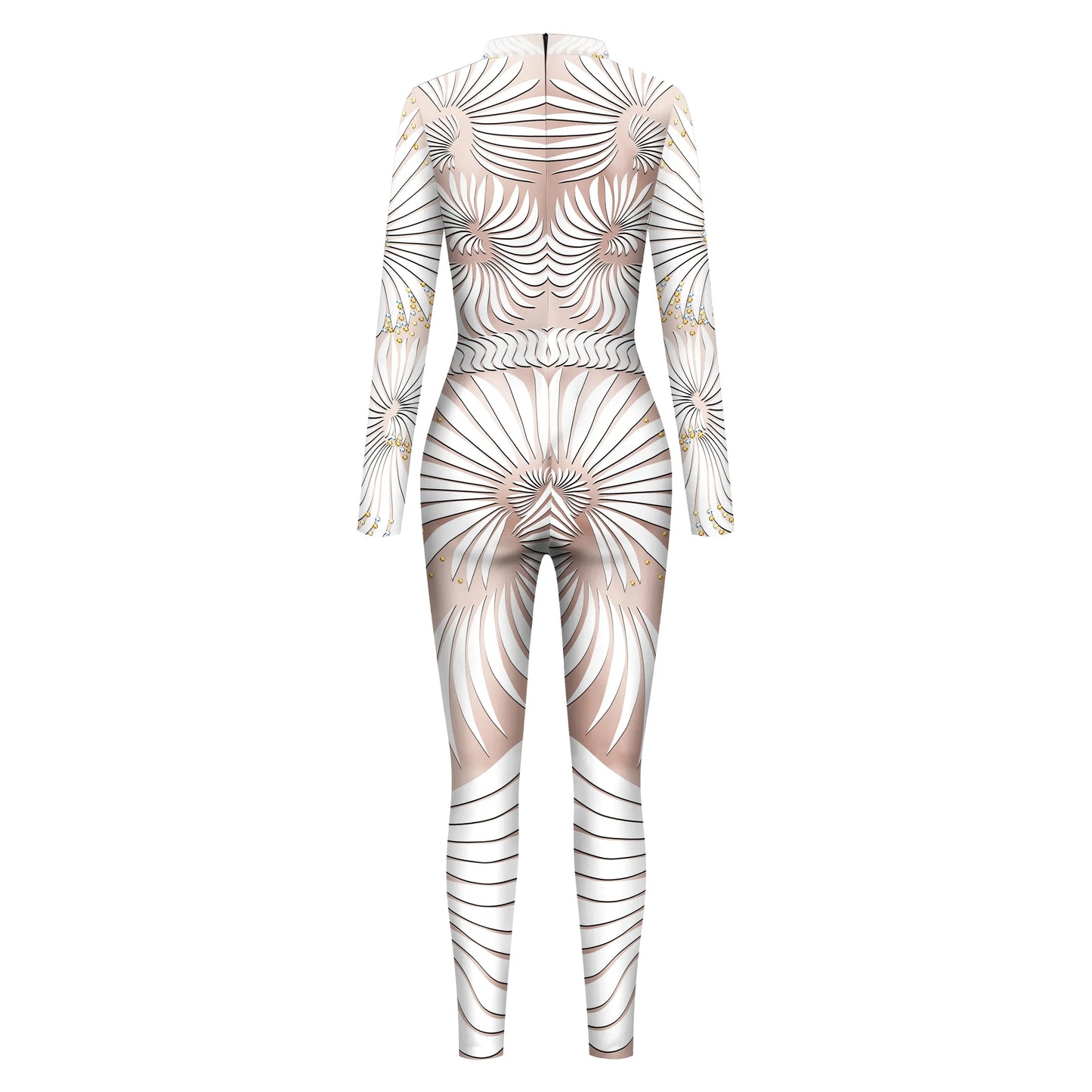 Halloween Cosplay Costume Shiny Sexy Lace Sequins Pattern 3D Printed Slim Bodysuit Theme Party Role Playing Jumpsuit for Women