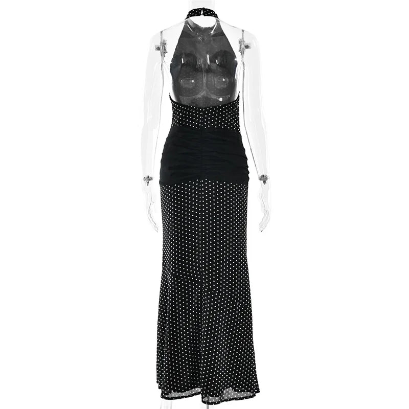 Blifanbo Polka Dot Halter Backless Sexy Maxi Dress Women Gown Ribbon Patchwork Off-shoulder Sleeveless Fashion Club Party Dress
