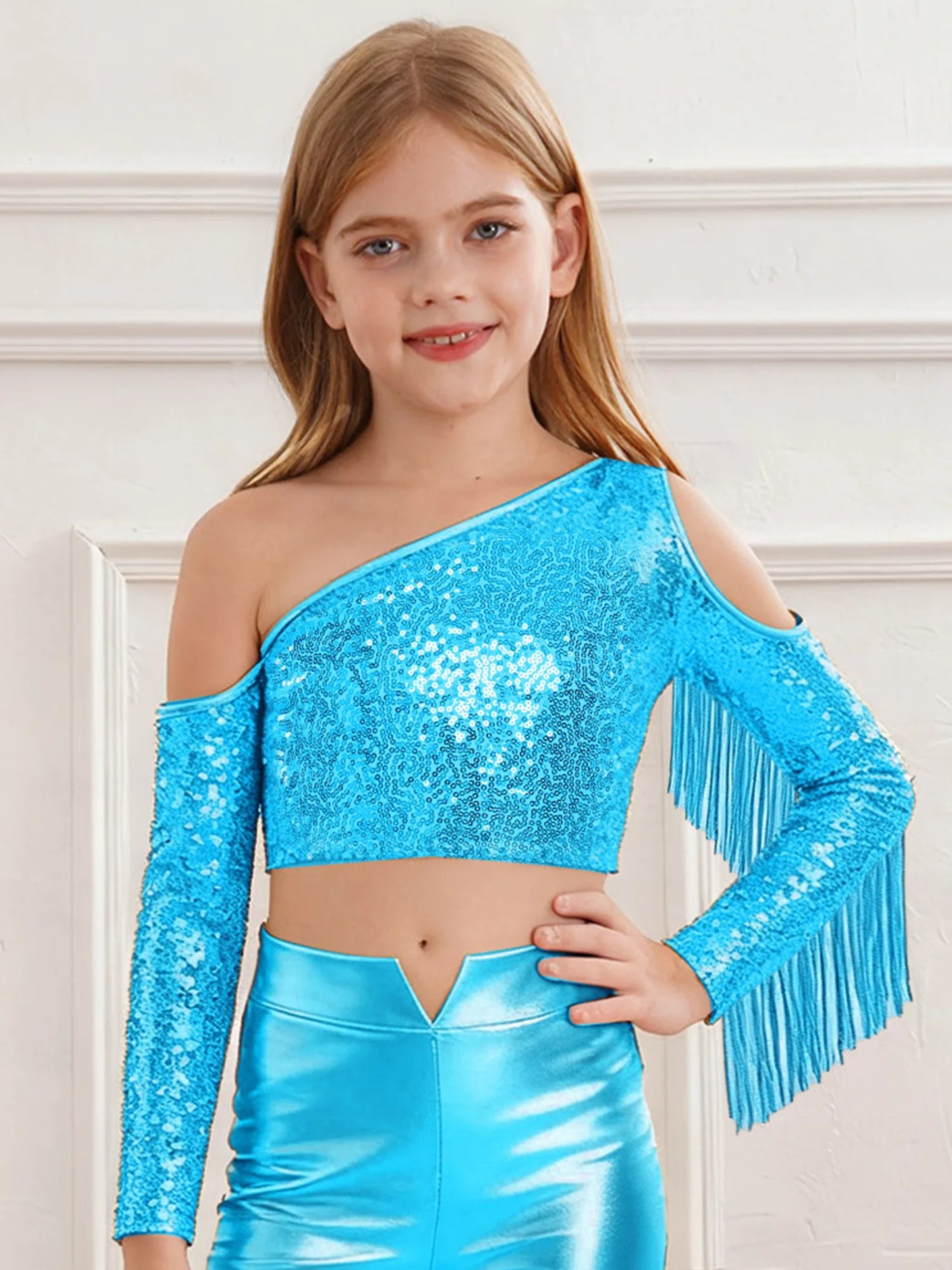 Children's One Shoulder Tassels Tops Streetwear Kids Girls Sequins Crop Top T-shirts Fashion Shiny Stage Performance Costume