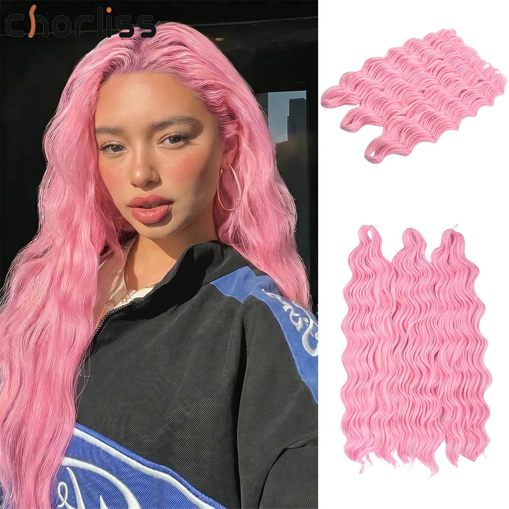 Anna Curl Synthetic Braiding Hair Loose Deep Wave 24 Inch Crochet Hair Extensions Water Wave Twist Pink Color Hair for Women