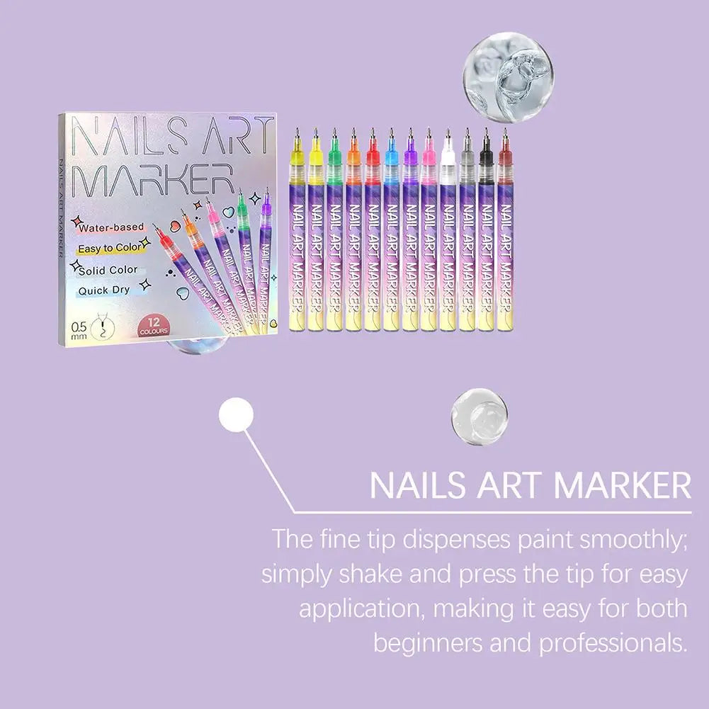 12Pcs/Set Nail Acrylic Graffiti Pen 12 Color Nail Marker Drawing DIY Beauty Nail Art Tools Waterproof and Quick Drying Nail Mark