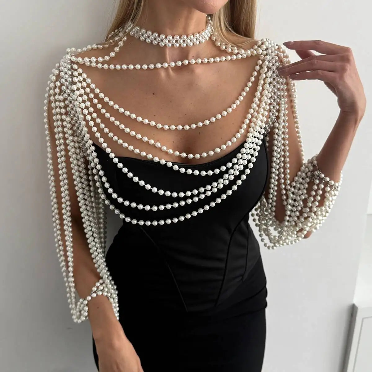 KunJoe Luxury Multi-layer Imitation Pearl Shawl Body Chain Women Elegant Long Necklace Body Jewelry Bride Wedding Accessories