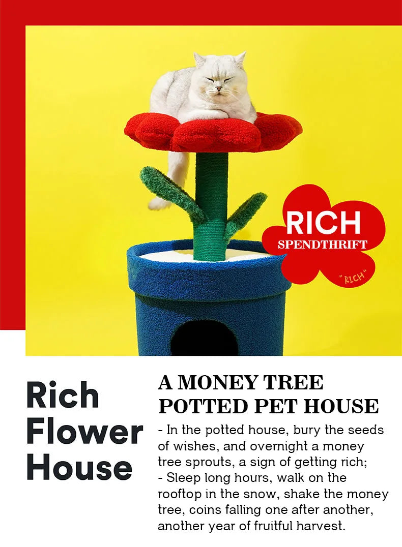 Red Flower Potted Cat Tree with Integrated Cat Bed Below Medium-Sized Cat Tree (Suitable for Cats Under 15 lbs)