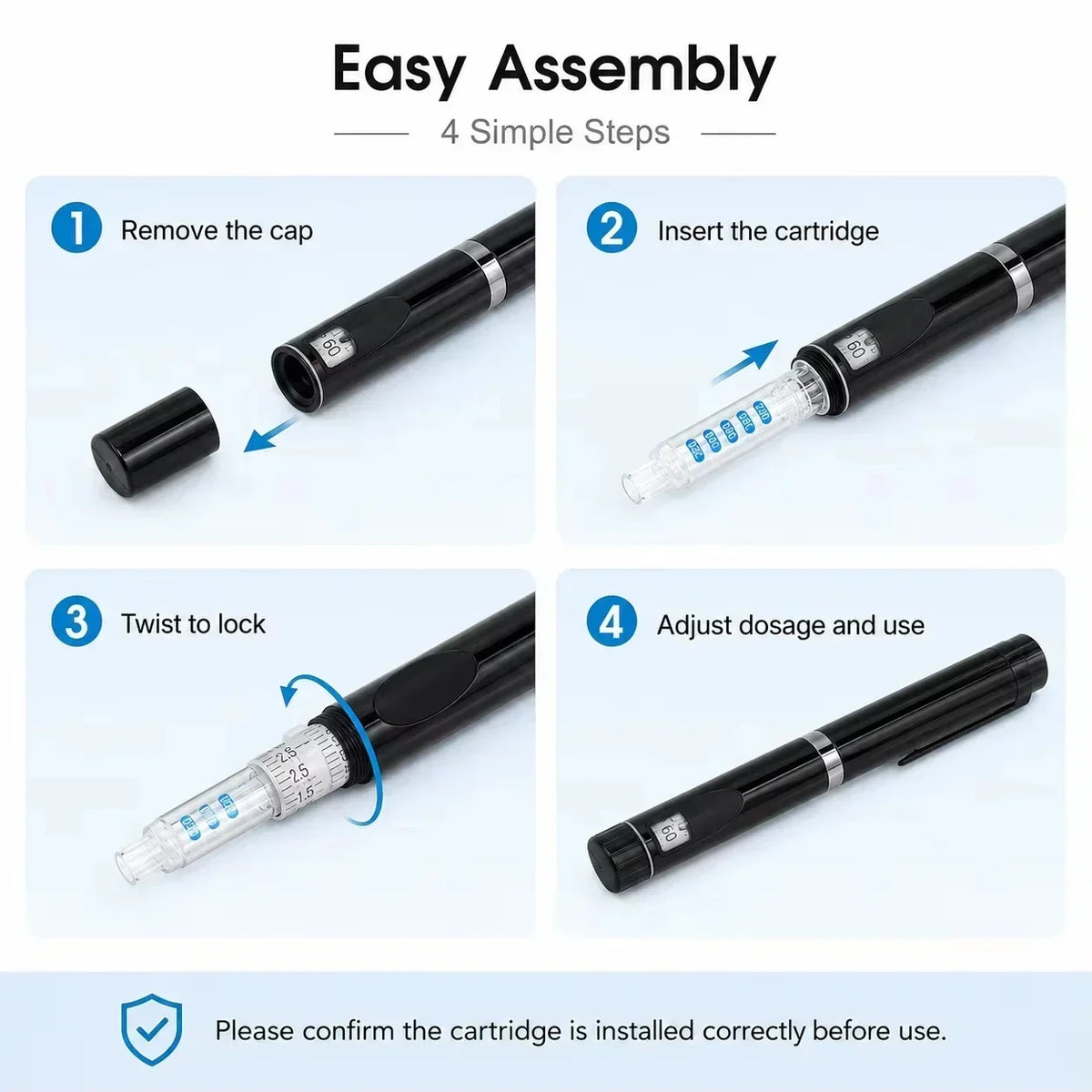 Portable Dose Adjustable Reusable Injector Pen Kit for Insulin Peptide, Comes with 10Pcs 3ML Replacement Cartridges