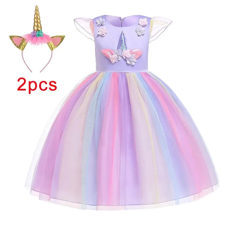 Girl Unicorn Halloween Fancy Princess Dress Teen Girls Rainbow Colorful Cosplay Costume Kids Birthday Party Dresses Tulle Wear