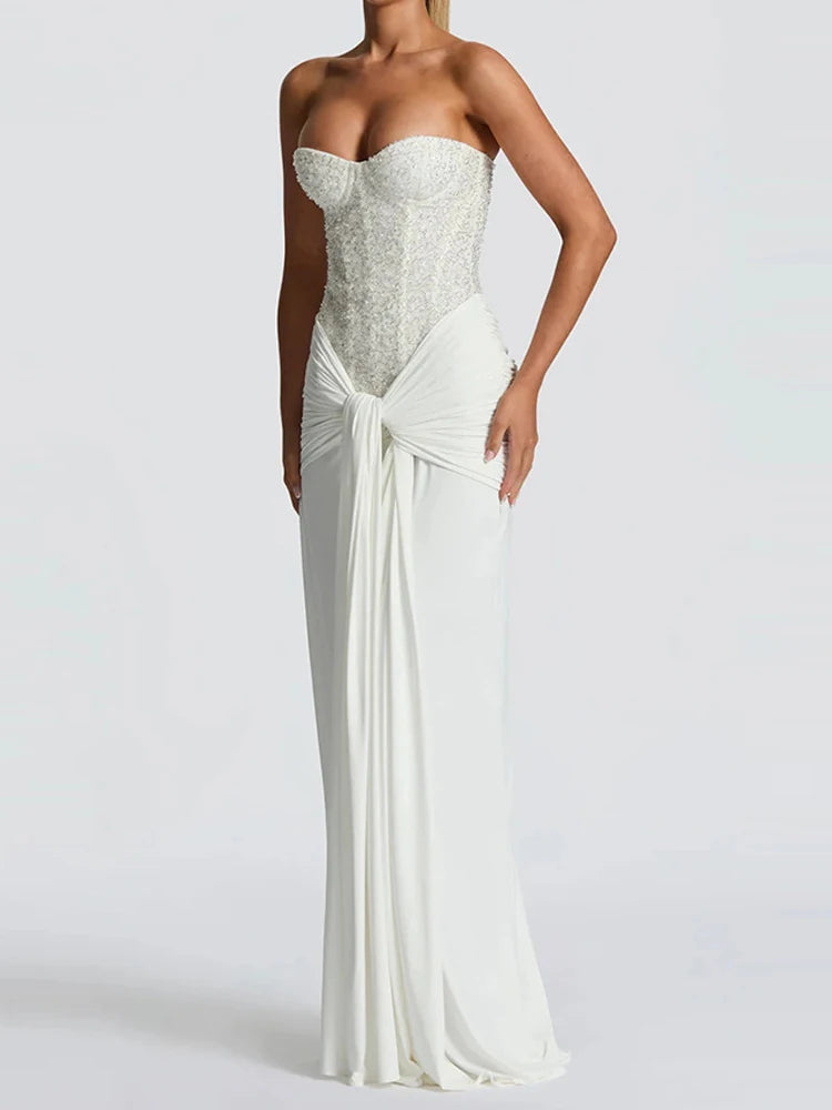 Women's Sexy Strapless Sleeveless Evening Dress Fashion Waist Slim Solid Wedding Dress Elegant Sequins Splicing Pleat Long Dress