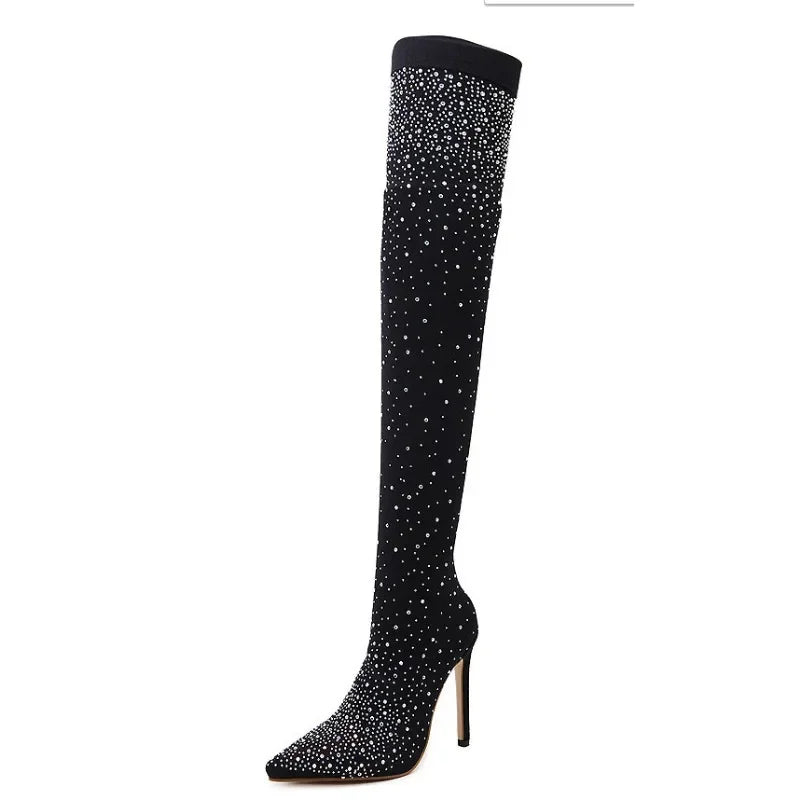 Design Crystal Rhinestone Stretch Fabric Sexy High Heels Sock Over-the-Knee Boots Pointed Toe Pole Dancing Women Shoes