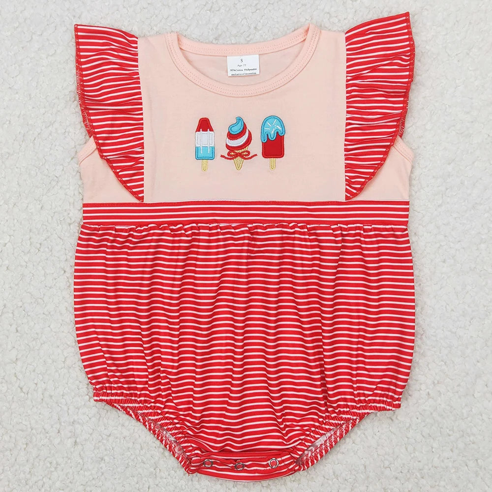 Hot Sale Baby Girls Rompers Blue Flutter Sleeves Bows Ruffle Rompers Boutique Toddler Girls Bubbles Summer Rompers Girls Onesie