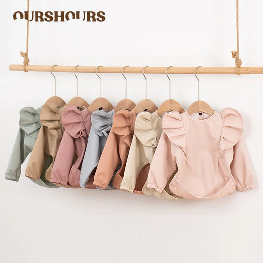 Solid Color Children's Feeding Bib Aprons Waterproof Baby Long-Sleeve Painting Smock with Pocket Easy Clean Bibs for Toddlers