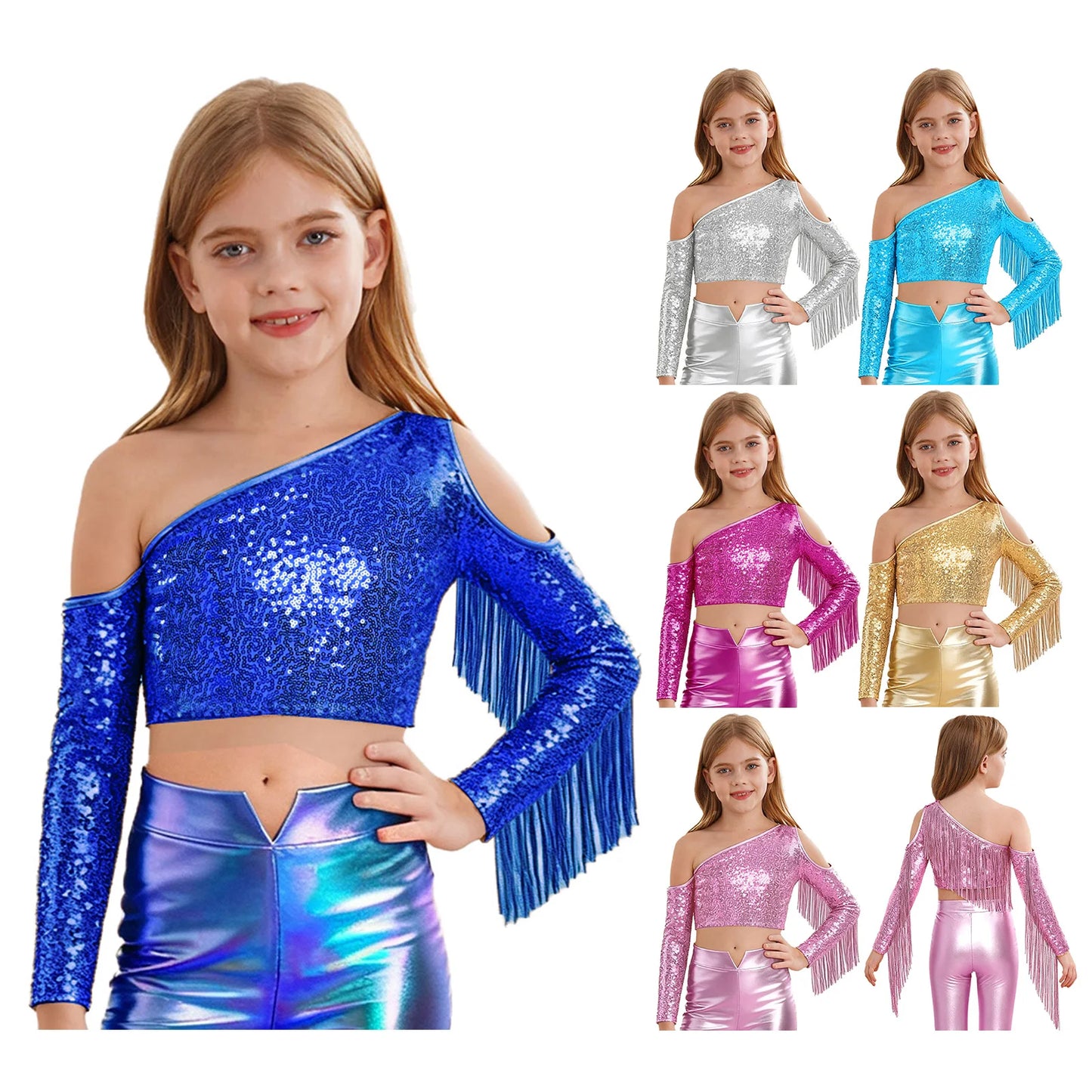 Children's One Shoulder Tassels Tops Streetwear Kids Girls Sequins Crop Top T-shirts Fashion Shiny Stage Performance Costume