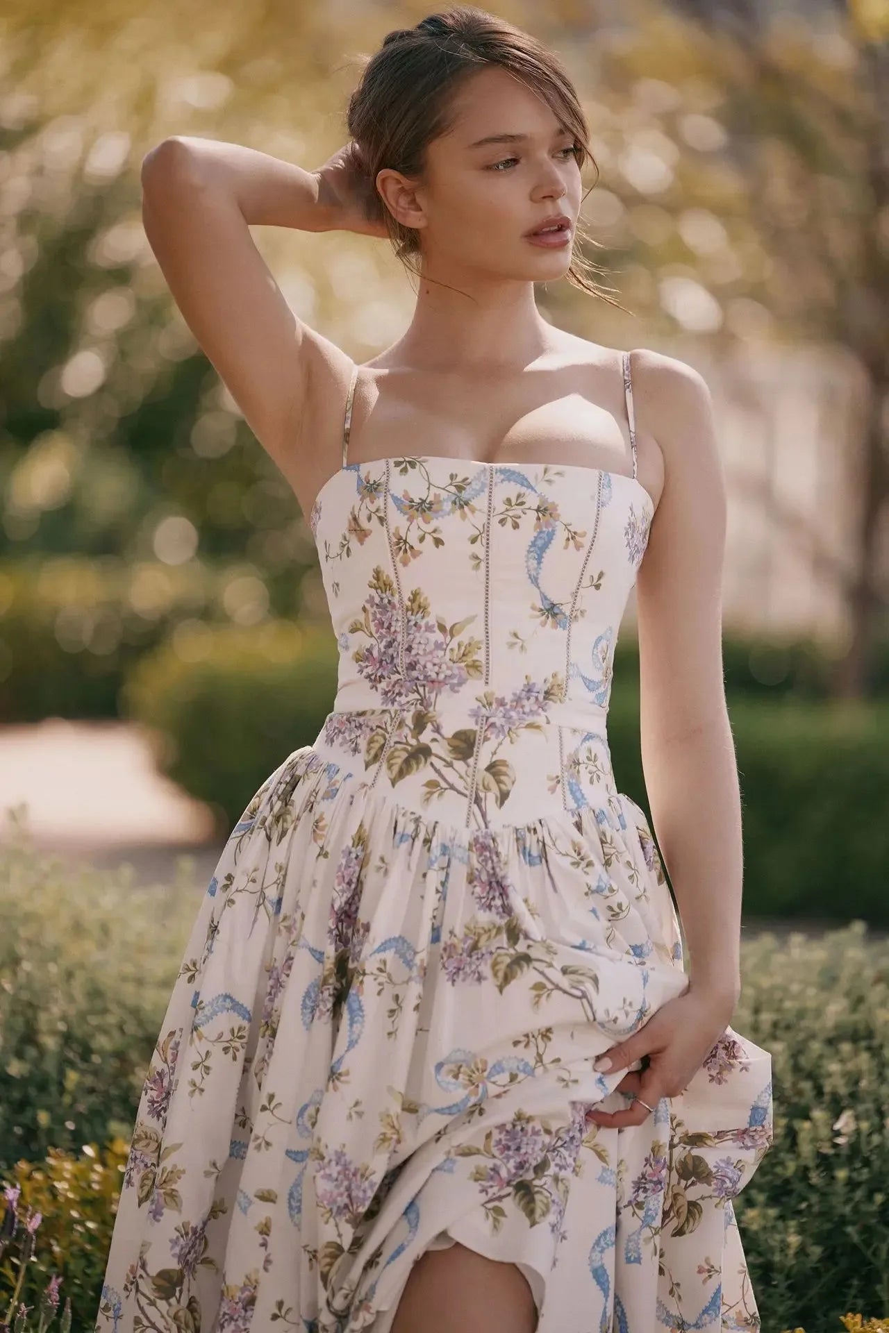 Elegant Fairylike French Style Gentle Floral Print Strapless Midi Dress Slimming Women's Fashion High End Feeling Dress