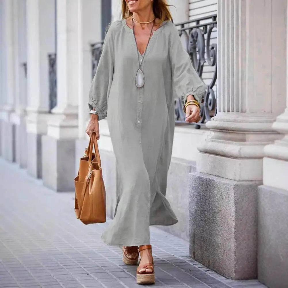 Spring Autumn Women Long Dress Loose Button-down 3/4 Sleeves Maxi Dress Pure Color V Neck Cardigan Casual Dress For Daily Wear