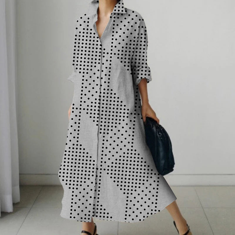 Women's Shirt Dress 2023 Trendy Patchwork Vintage Spot Print Shirt Fall Out Office Dress Loose Casual Lapel Pocket S-5Xl
