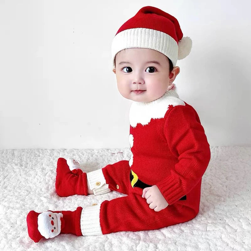 Infant Christmas Outfits Baby Romper Clothes Winter Red Santa Claus Knitted Newborn Infant Boy Girl Christmas Gift Jumpsuits+Hat