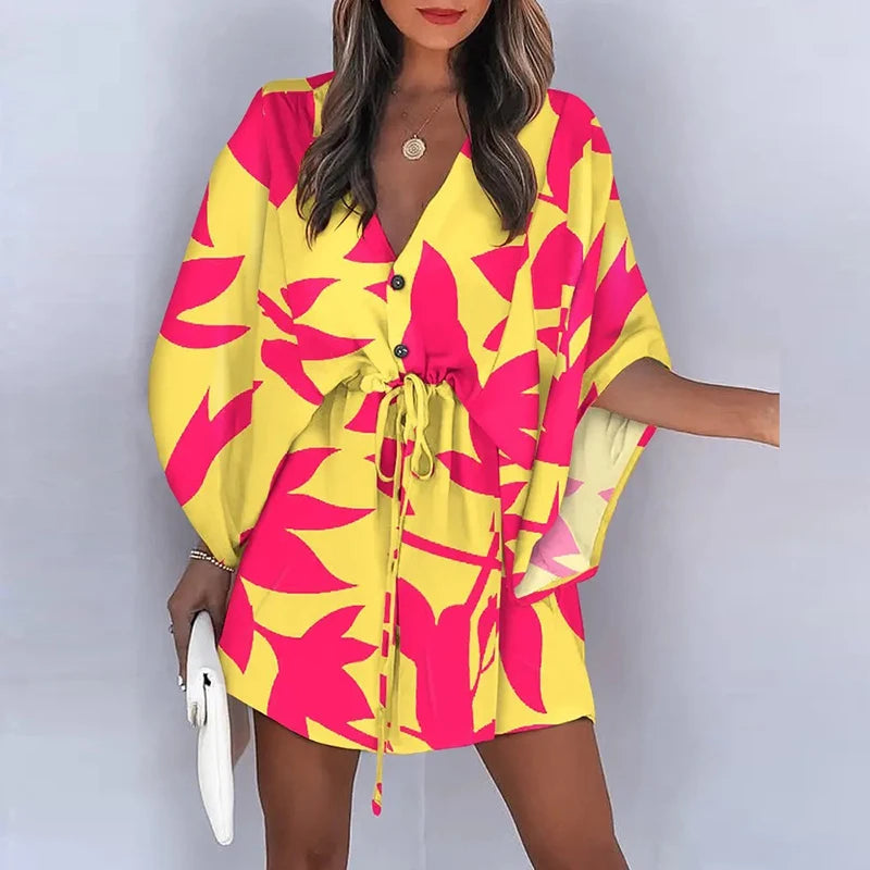 Women Casual Loose Dress Beach Boho Dress Fashion Vintage Print V Neck Drawstring Mini Dress Summer Dresses Robe Femme 2022