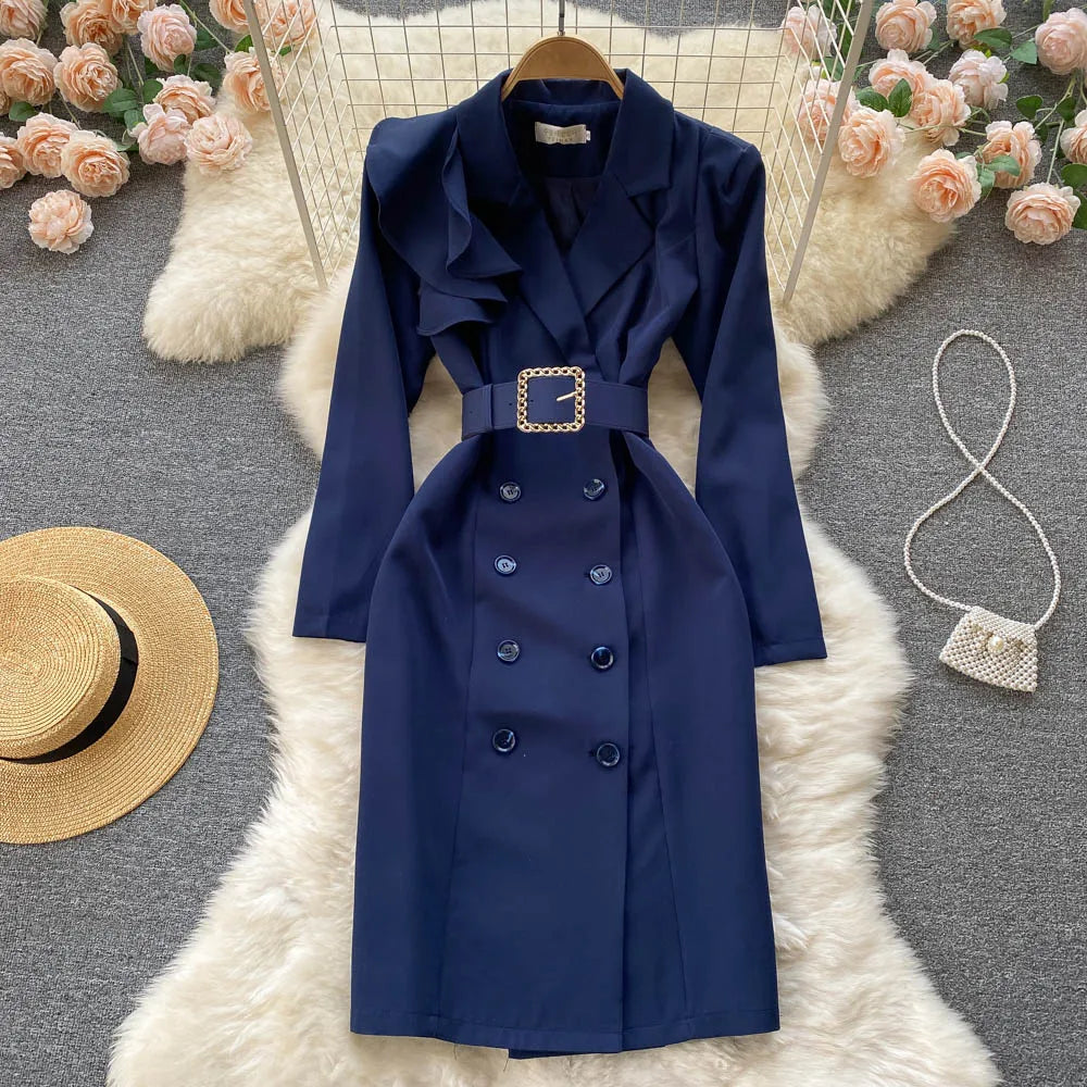 Women Elegant Office Dress Spring Autumn Long Sleeve Fashion Slim with Belt Midi Dresses Vintage Ladies Blazer Dress Vestidos
