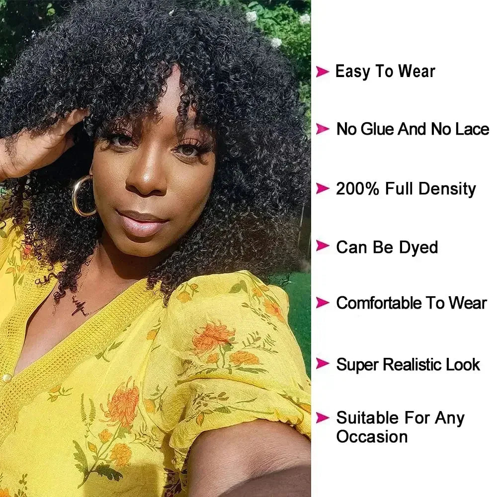 Mongolian Afro Kinky Curly Human Hair Wigs with Bangs Wear To Go Glueless Wig Remy Brazilian Short Curly Bangs Wig Human Hair