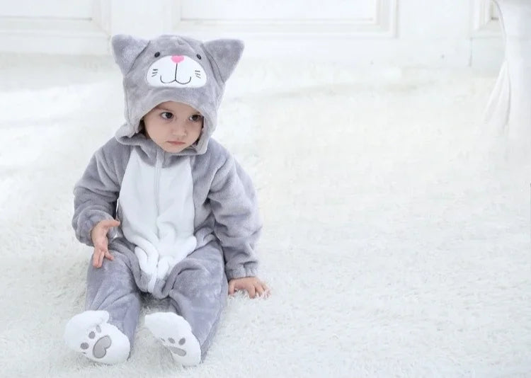 Lovely Cat Costume Baby Boys Girls Clothes Romper Soft Flannel Hooded Bodysuits Pajamas Winter Infant Jumpsuit Toddler Outfits