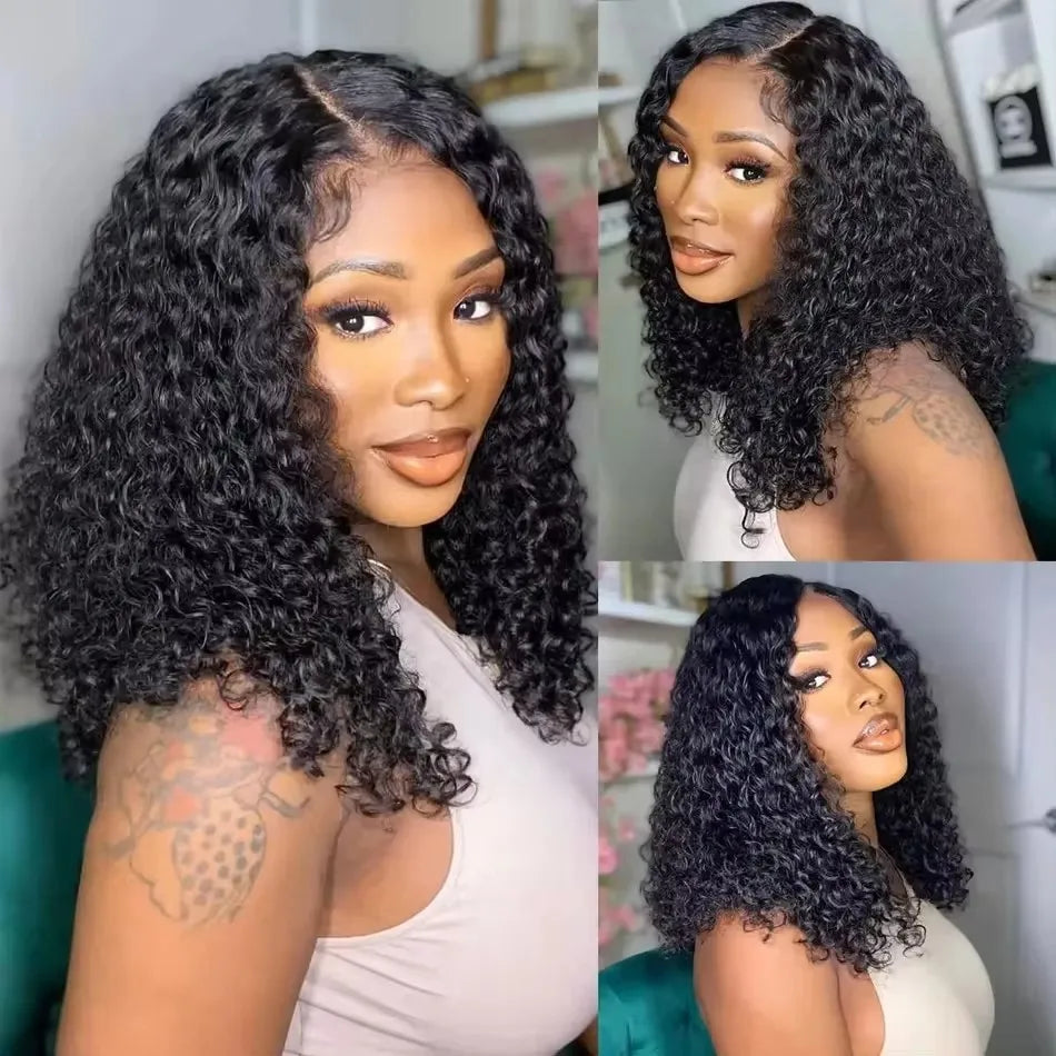 Black Color Short Bob Cut 13X4X1 HD Lace Front Synthetic Wig For Black Women Kinky Curly Preplucked With Baby Hair Soft Hair