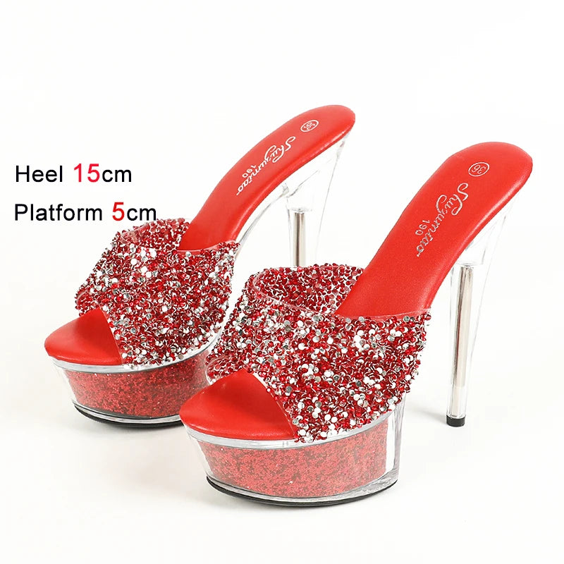 Transparent Platform Crystal Sandals 2024 Summer New Sequin Women Shoes Mules Peep Toe High Heels 15CM Thin High Heeled Slippers