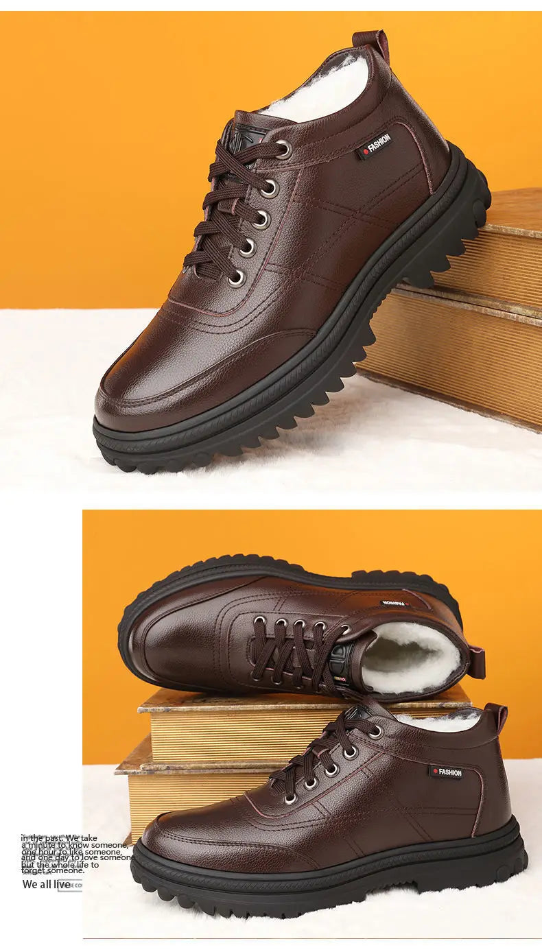 Men's Winter Thickened Warmth Casual Shoes Fleece Lined Business Style Leather Shoes Low Top Lace up Comfortable Alligator Pa...