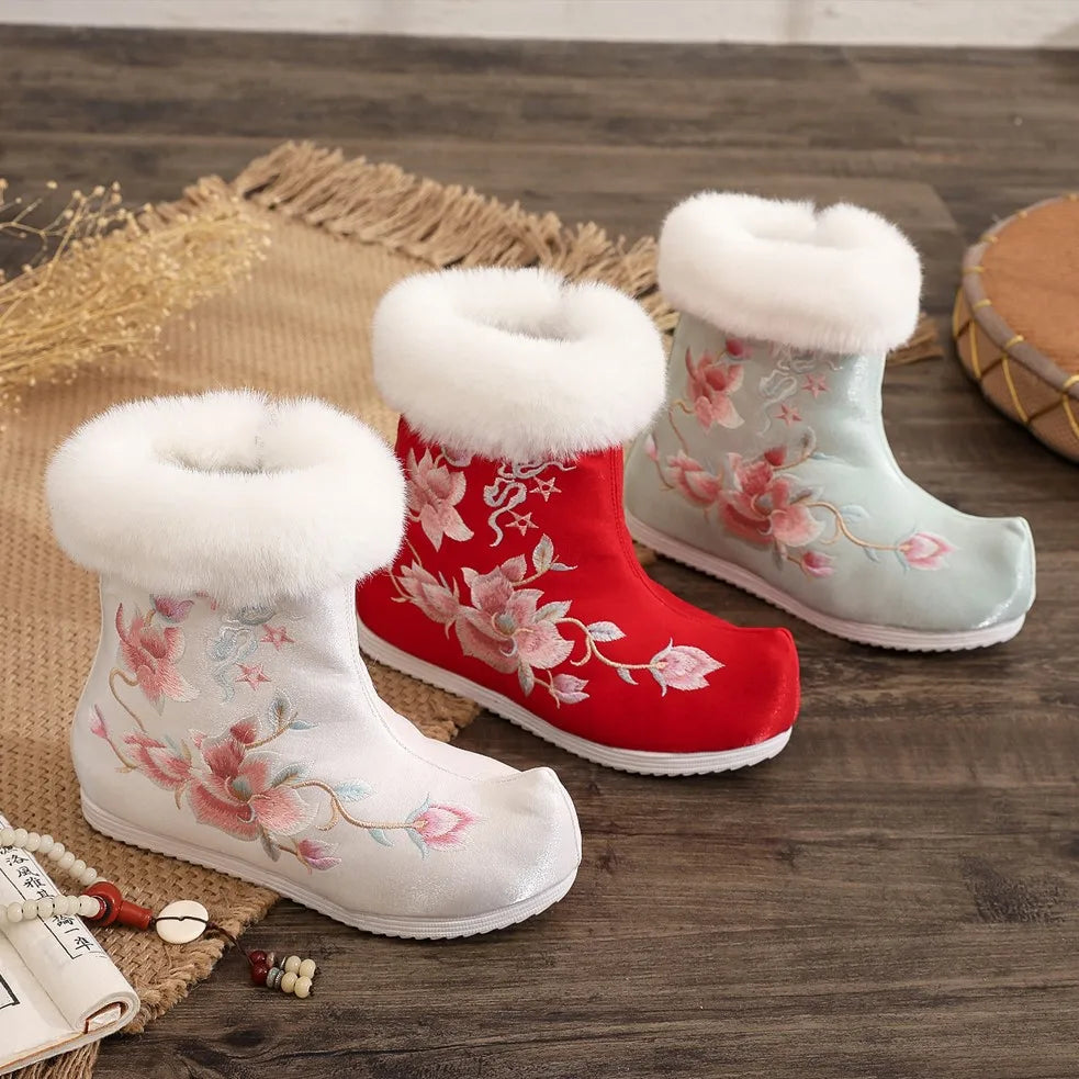 Winter Fashion Shoes Embroidered Fur Boots For Woman Bota Ancient Costume Botines Para Mujeres Hanfu Women's Boots Botas Mujer
