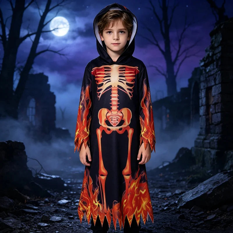 Halloween Costumes Hooded Robe Scary Death Skull Cosplay Suits Party Stage Performance Flame Skeleton Ghost Role Play Outfits
