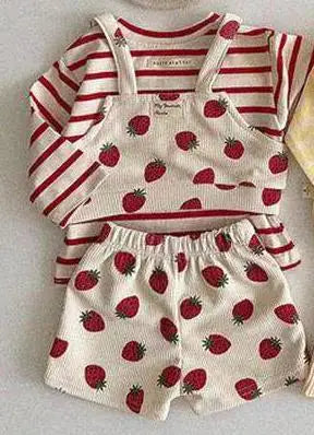 2025 Autumn New Baby Girl Cute Strawberry Print Clothes Set Infant Ribbed Vest + Shorts 3pcs Suit Cute Toddler Girl Outfits