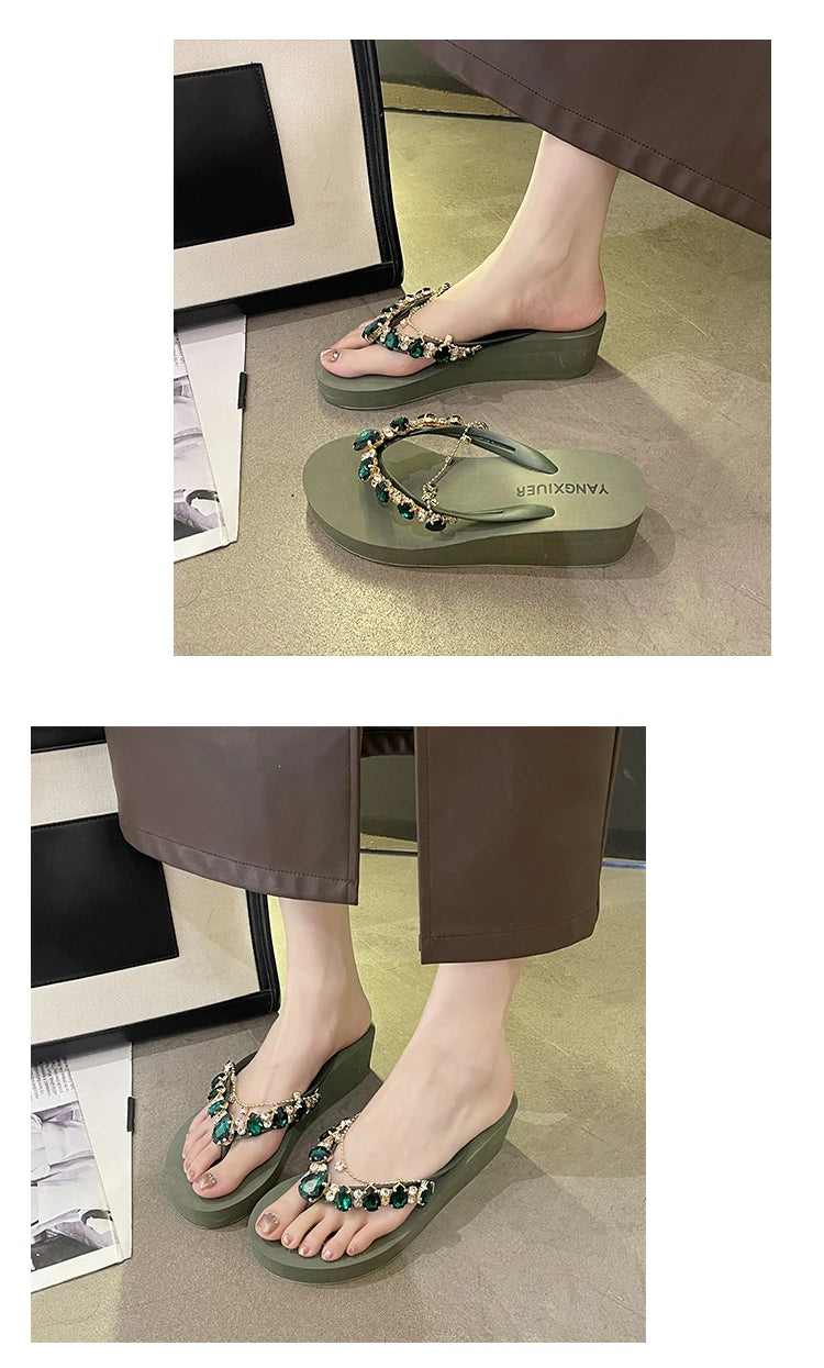 Rhinestone Chain Summer Flip Flops Sandals Women Comfortable Beach Shoes Non-slip Soft Bottom Casual 5cm Heels Wedges Slippers
