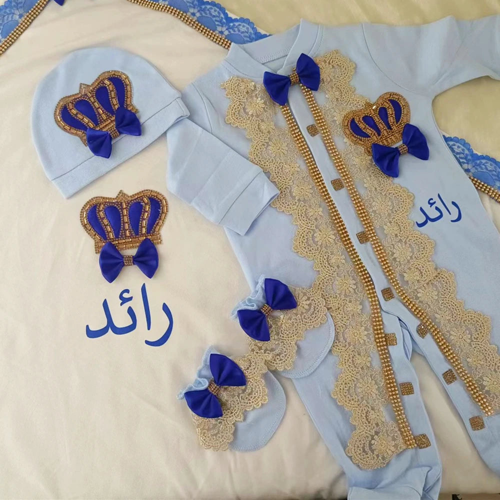 5pcs Newborn Baby Embroidery Lace Romper Outfit Clothing Cotton Infant Wrapped Baby Products Pants Mittens Receiving Blanket