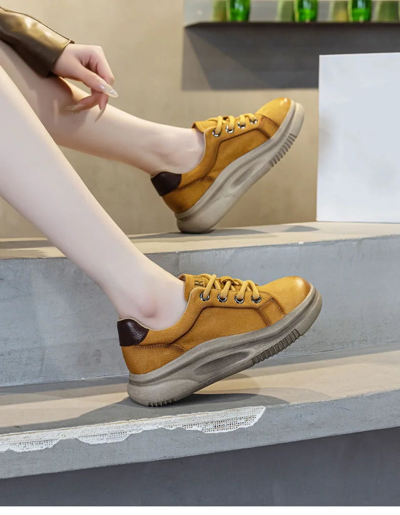 DRKANOL Spring Genuine Leather Casual Sneakers Women Thick Bottom Platform Lightweight Single Shoes Ladies Wedges Heel Shoes
