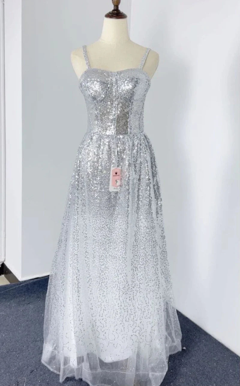 Customized  Sequined Special Events A-Line Evening Dress Spaghetti Straps Sweetheart Beach Backless Bridal Dress Robes De Soirée