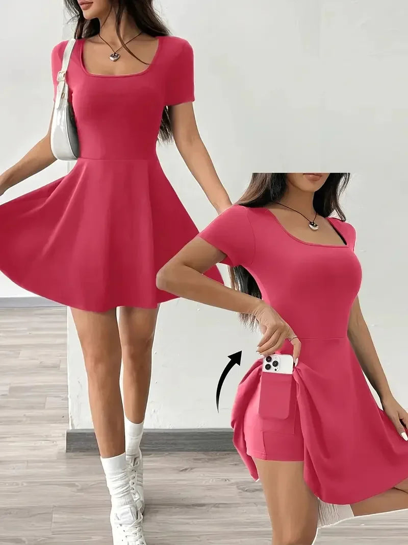 Summer 2025 Brown Knitted Short Casual Dress Mini Skirt Length Polyester Fiber Square Collar Empire Waistline Regular Sleeve
