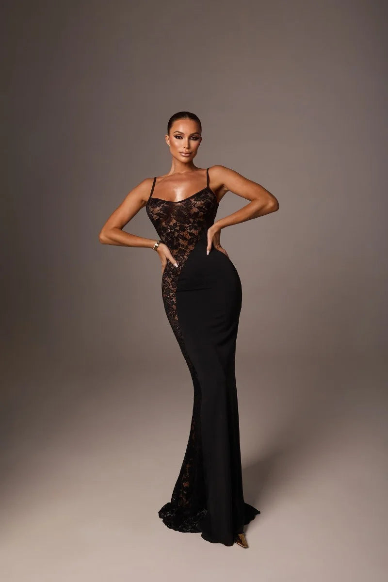Mozision Spaghetti Strap Lace See Through Sexy Maxi Dress Women Elegant Black Sleeveless Backless Bodycon Club Party Long Dress